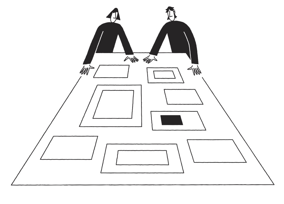 monochrome line drawing of two figures standing over a table arranged with artworks